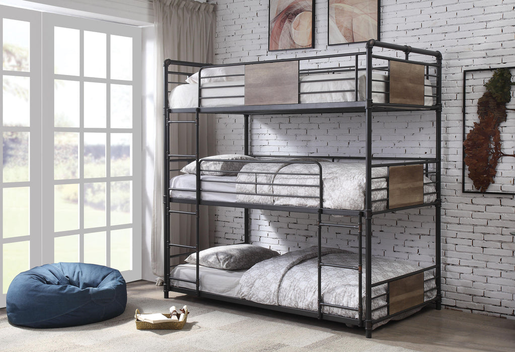 Brantley Sandy Black & Dark Bronze Hand-Brushed Bunk Bed (Triple Twin) - U&U Home Budget Furniture (Carteret, NJ)