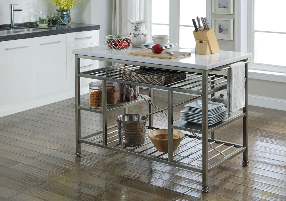 Lanzo Marble & Antique Pewter Kitchen Island (Counter) - U&U Home Budget Furniture (Carteret, NJ)
