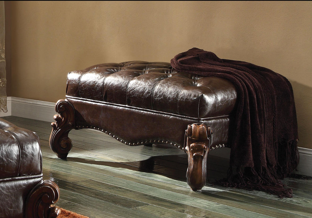 Versailles 2-Tone Dark Brown PU & Cherry Oak Ottoman - U&U Home Budget Furniture (Carteret, NJ)