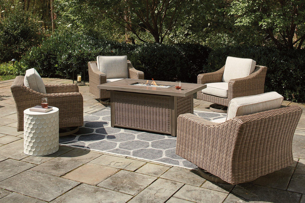 Beachcroft Beachcroft Fire Pit Table with Four Nuvella Swivel Lounge Chairs - U&U Home Budget Furniture (Carteret, NJ)