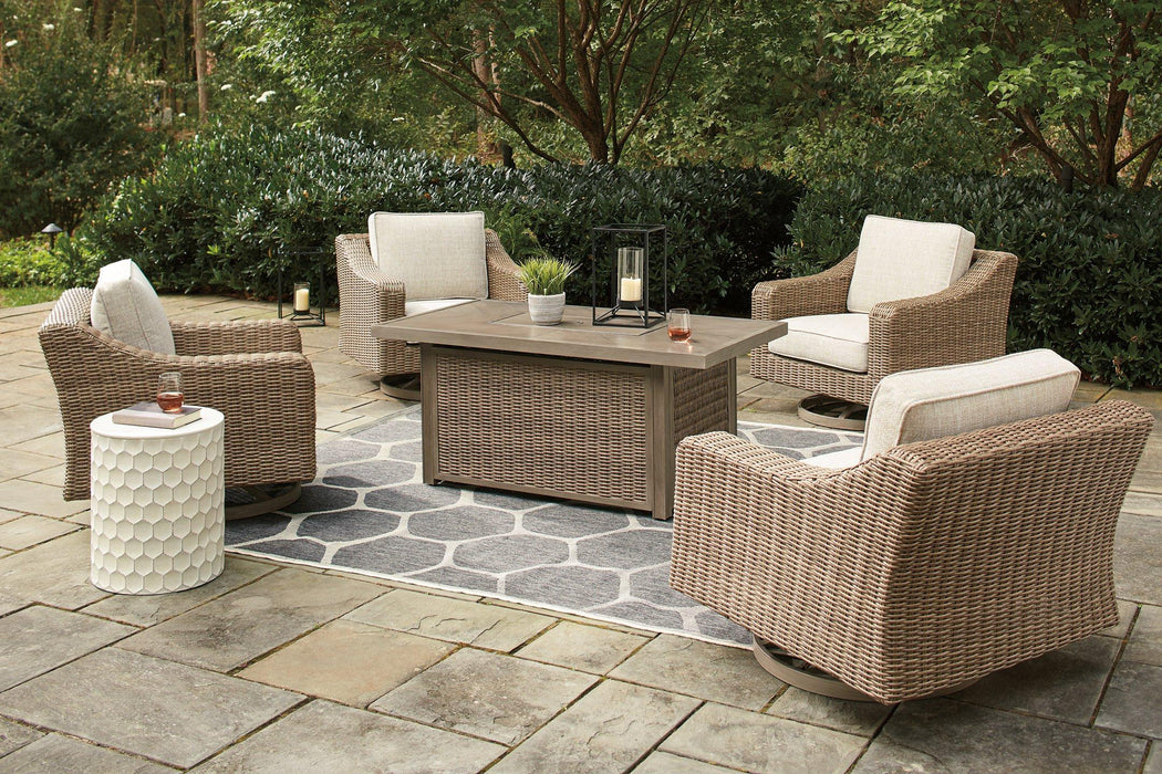 Beachcroft Beachcroft Fire Pit Table with Four Nuvella Swivel Lounge Chairs - U&U Home Budget Furniture (Carteret, NJ)
