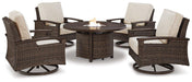 Paradise Trail Paradise Trail Fire Pit Table with 4 Nuvella Swivel Lounge Chairs - U&U Home Budget Furniture (Carteret, NJ)