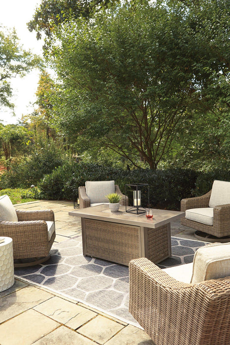 Beachcroft Beachcroft Fire Pit Table with Four Nuvella Swivel Lounge Chairs - U&U Home Budget Furniture (Carteret, NJ)