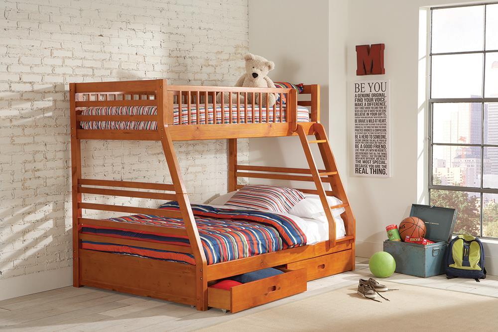 Ashton Twin Over Full 2-drawer Bunk Bed Cappuccino, White, Navy, Honey, & Brown - U&U Home Budget Furniture (Carteret, NJ)