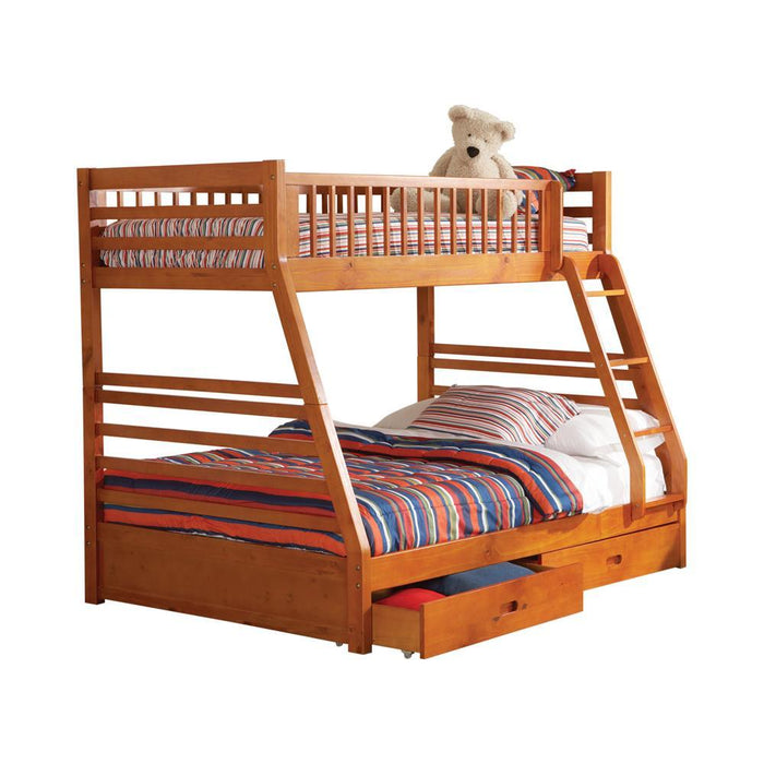 Ashton Twin Over Full 2-drawer Bunk Bed Cappuccino, White, Navy, Honey, & Brown - U&U Home Budget Furniture (Carteret, NJ)