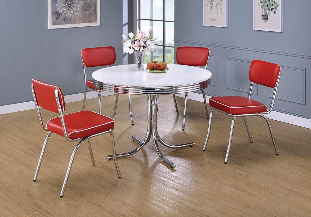 Retro Round Dining Table Glossy White and Chrome - U&U Home Budget Furniture (Carteret, NJ)