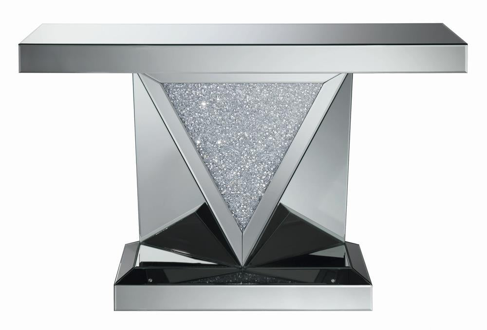 Amore Rectangular Sofa Table with Triangle Detailing Silver and Clear Mirror - U&U Home Budget Furniture (Carteret, NJ)