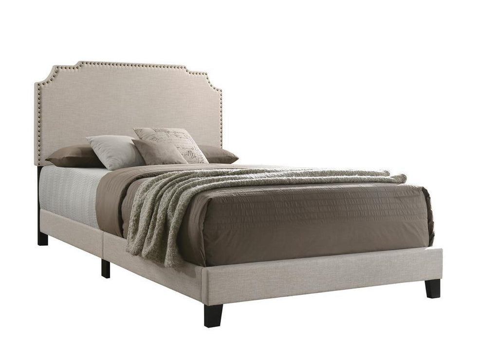 Tamarac Upholstered Nailhead Full, Eastern King & Queen Bed Beige & Grey - U&U Home Budget Furniture (Carteret, NJ)
