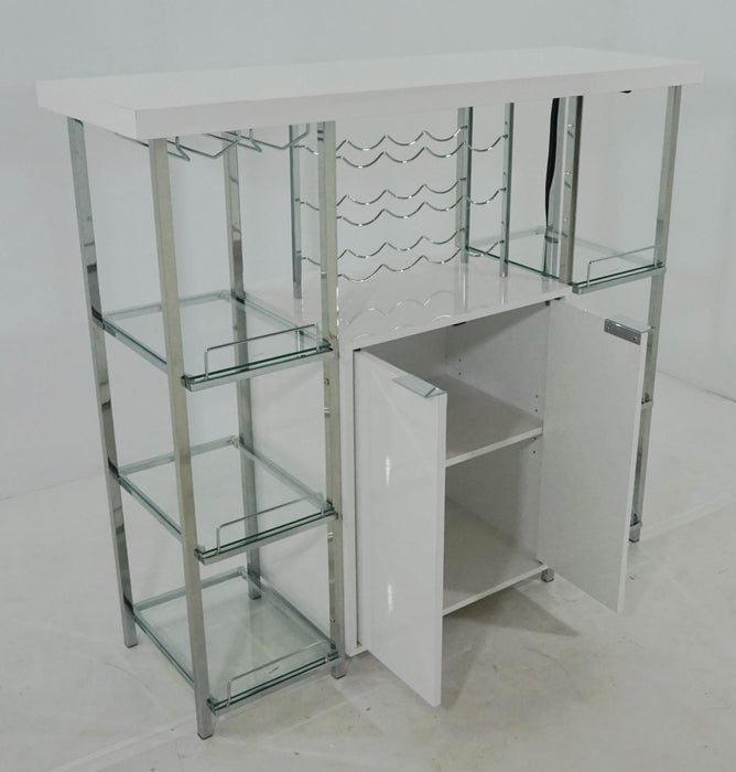 Gallimore 2-door Bar Cabinet with Glass Shelf High Glossy White and Chrome - U&U Home Budget Furniture (Carteret, NJ)