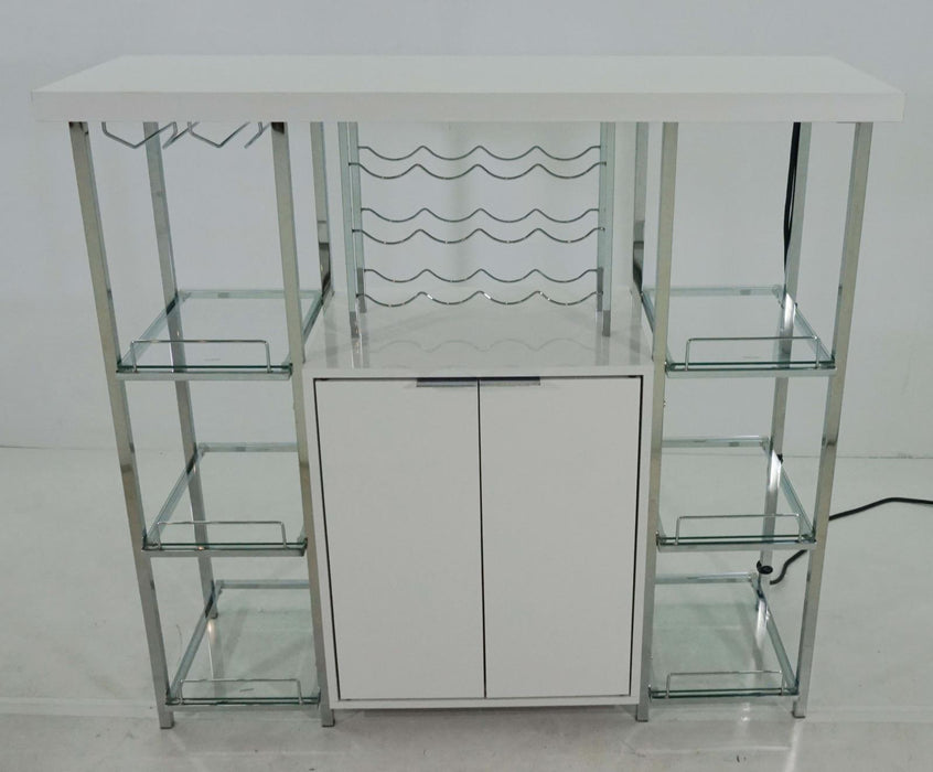 Gallimore 2-door Bar Cabinet with Glass Shelf High Glossy White and Chrome - U&U Home Budget Furniture (Carteret, NJ)