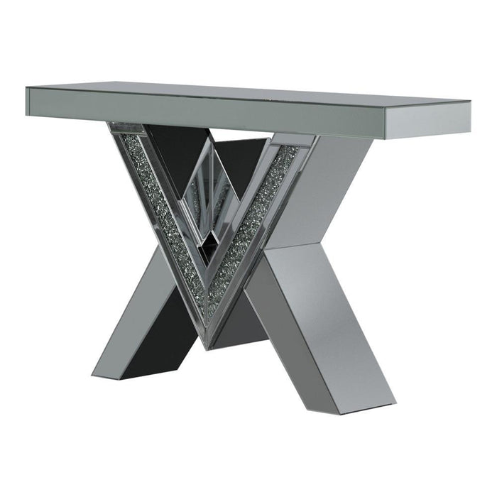 Taffeta V-shaped Sofa Table with Glass Top Silver - U&U Home Budget Furniture (Carteret, NJ)