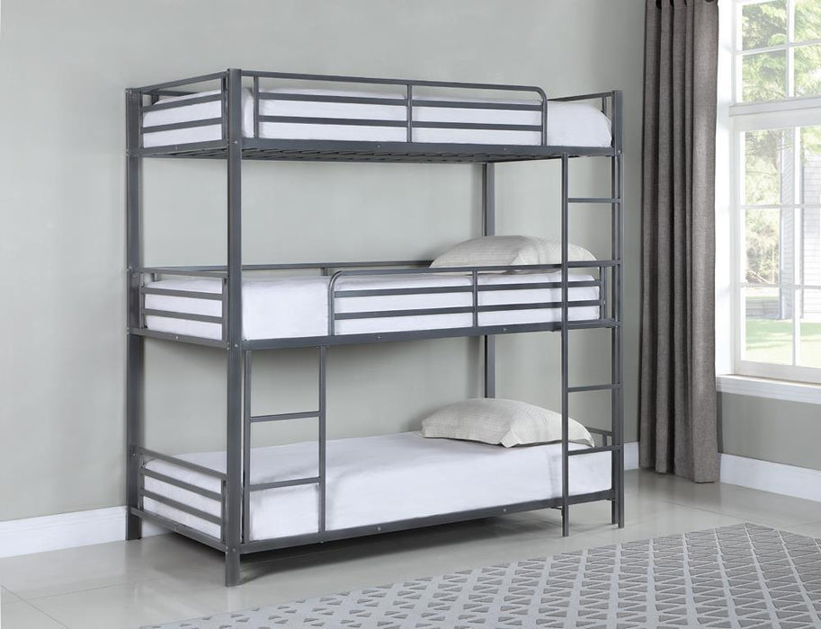 Maynard Metal Triple Twin Bunk Bed Gunmetal - U&U Home Budget Furniture (Carteret, NJ)