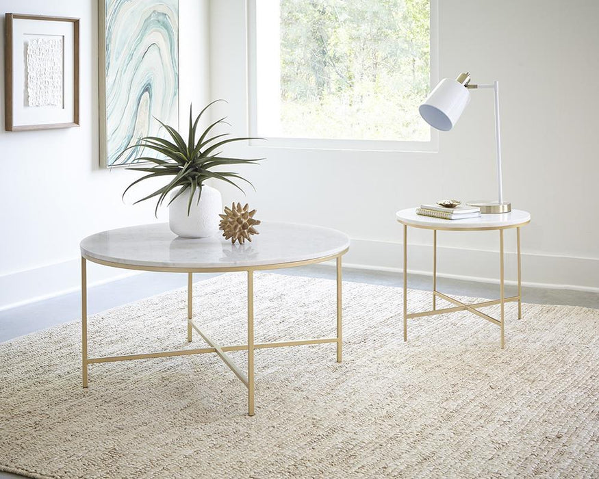 Ellison Round X-cross End Table White and Gold - U&U Home Budget Furniture (Carteret, NJ)