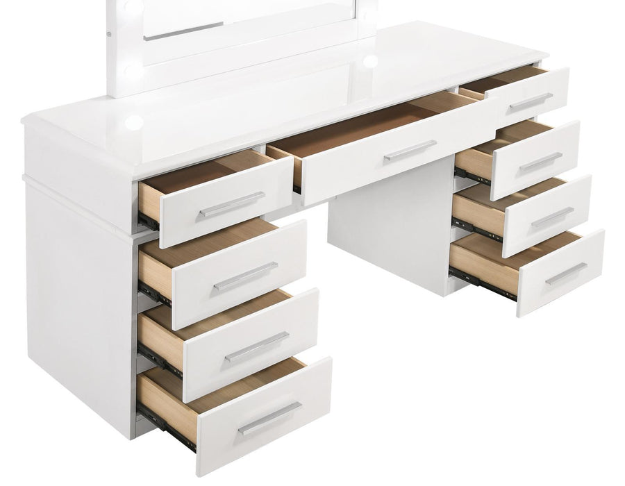 Felicity 9-drawer Vanity Desk with Lighted Mirror Glossy White - U&U Home Budget Furniture (Carteret, NJ)