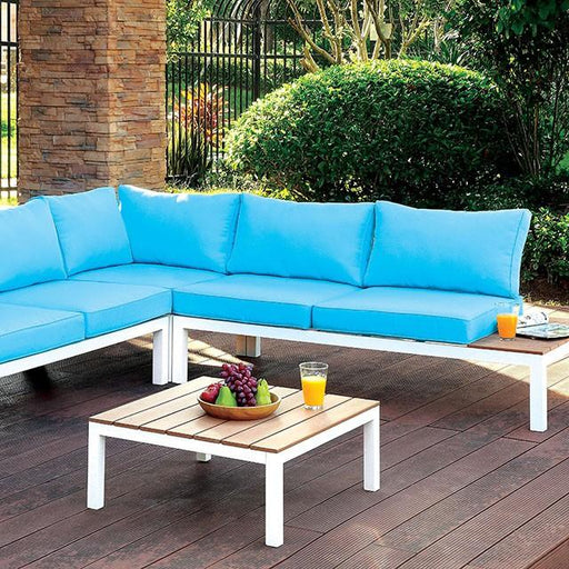 WINONA White/Oak/Blue Patio Sectional w/ Table - U&U Home Budget Furniture (Carteret, NJ)