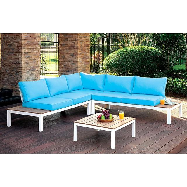 WINONA White/Oak/Blue Patio Sectional w/ Table - U&U Home Budget Furniture (Carteret, NJ)