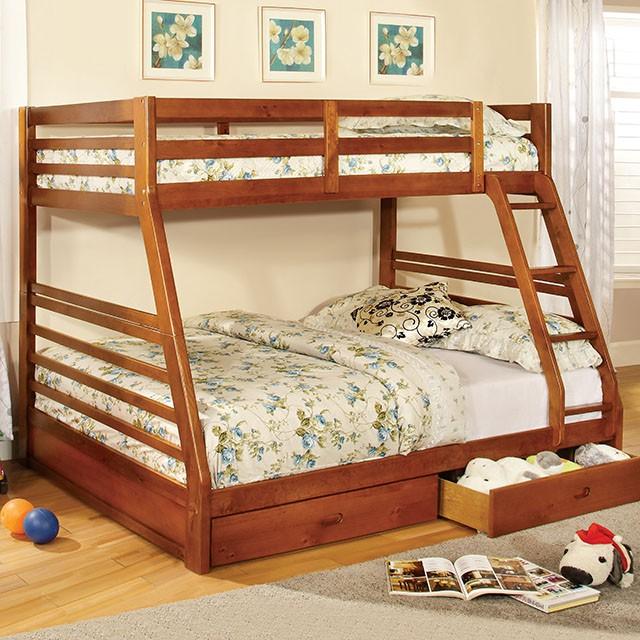 California II Cherry Twin/Full Bunk Bed w/ 2 Drawers Cherry, Walnut, Grey, &Oak - U&U Home Budget Furniture (Carteret, NJ)