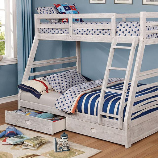 California III Wire-Brushed White Twin/Full Bunk Bed w/ 2 Drawers - U&U Home Budget Furniture (Carteret, NJ)