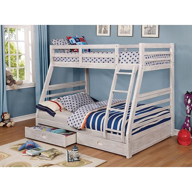 California III Wire-Brushed White Twin/Full Bunk Bed w/ 2 Drawers - U&U Home Budget Furniture (Carteret, NJ)