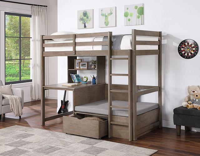 CALLISTUS Twin Workstation Loft Bed, White & Gray - U&U Home Budget Furniture (Carteret, NJ)