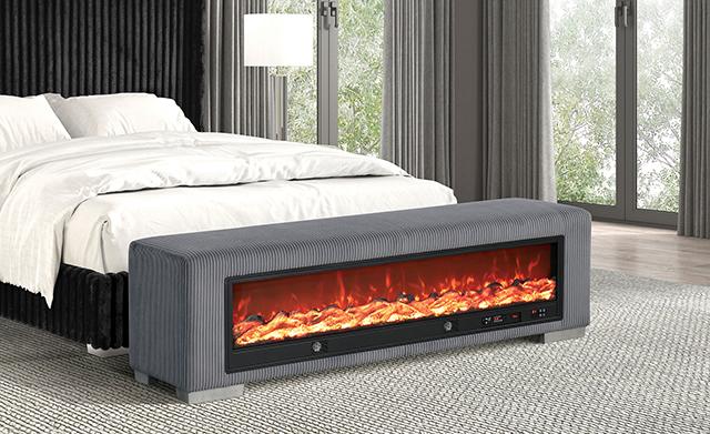Elnath Bench w/ Visual Wood Log Fireplace Gray - U&U Home Budget Furniture (Carteret, NJ)