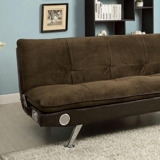 GALLAGHER Dark Brown/Chrome Futon Sofa w/ Bluetooth Speaker, Brown - U&U Home Budget Furniture (Carteret, NJ)