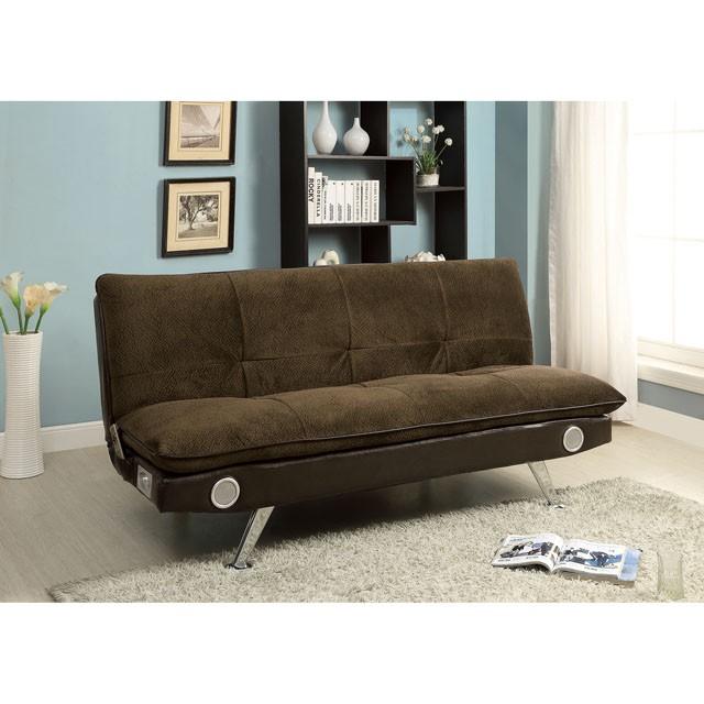 GALLAGHER Dark Brown/Chrome Futon Sofa w/ Bluetooth Speaker, Brown - U&U Home Budget Furniture (Carteret, NJ)