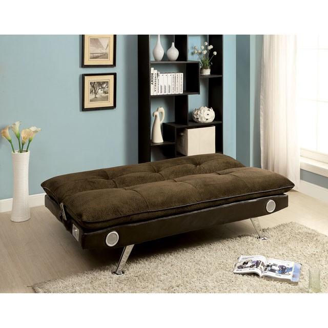 GALLAGHER Dark Brown/Chrome Futon Sofa w/ Bluetooth Speaker, Brown - U&U Home Budget Furniture (Carteret, NJ)