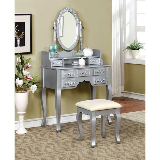Harriet Silver Vanity w/ Stool - U&U Home Budget Furniture (Carteret, NJ)
