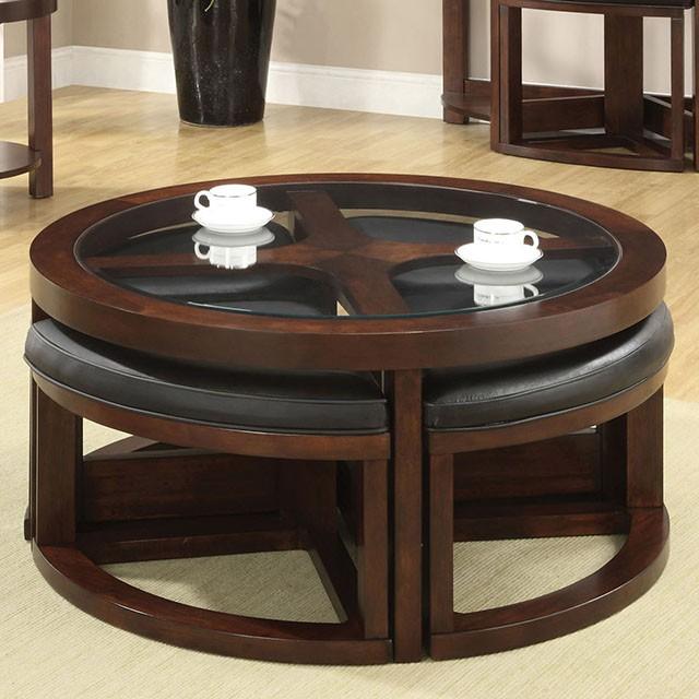 Crystal Cove II Dark Walnut Round Coffee Table w/ 4 Stools - U&U Home Budget Furniture (Carteret, NJ)