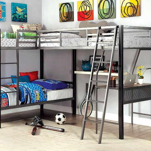BALLARAT Silver Triple Twin Bunk Bed w/ Desk - U&U Home Budget Furniture (Carteret, NJ)