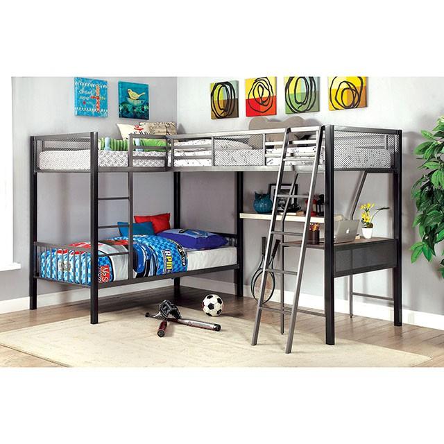 BALLARAT Silver Triple Twin Bunk Bed w/ Desk - U&U Home Budget Furniture (Carteret, NJ)