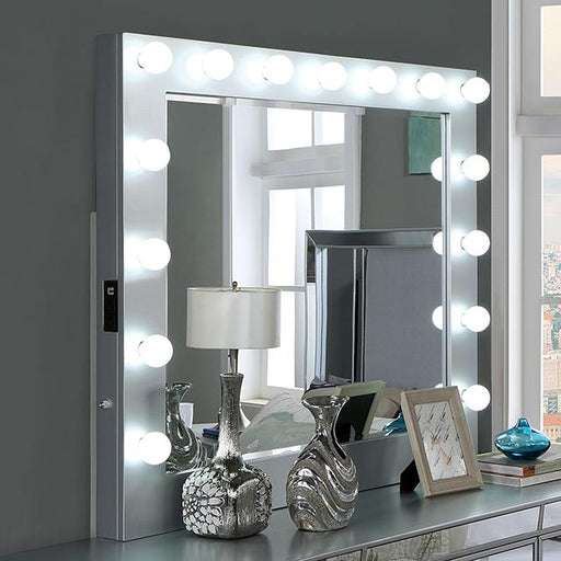 BELLADONNA Mirror w/ USB, Power, Light, Silver - U&U Home Budget Furniture (Carteret, NJ)