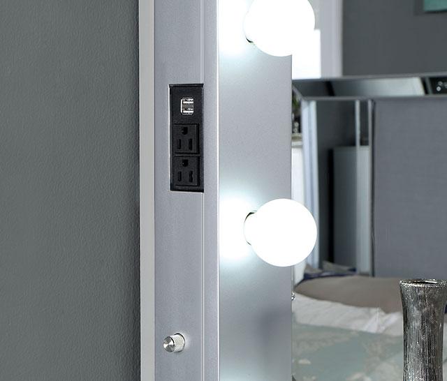 BELLADONNA Mirror w/ USB, Power, Light, Silver - U&U Home Budget Furniture (Carteret, NJ)