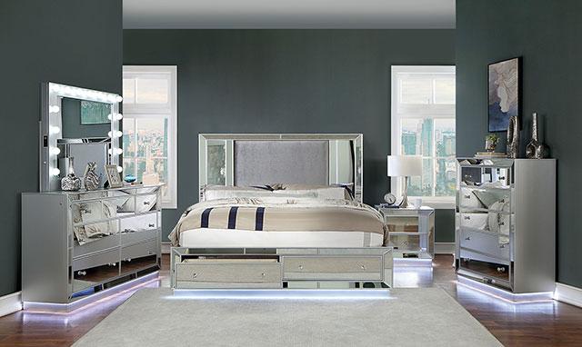 BELLADONNA Night Stand w/ LED & USB, Silver - U&U Home Budget Furniture (Carteret, NJ)