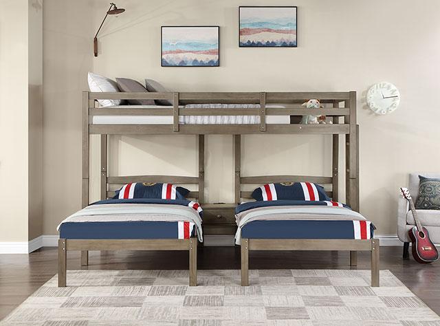 HORTENSE Triple Twin Bunk Bed, W. Gray - U&U Home Budget Furniture (Carteret, NJ)