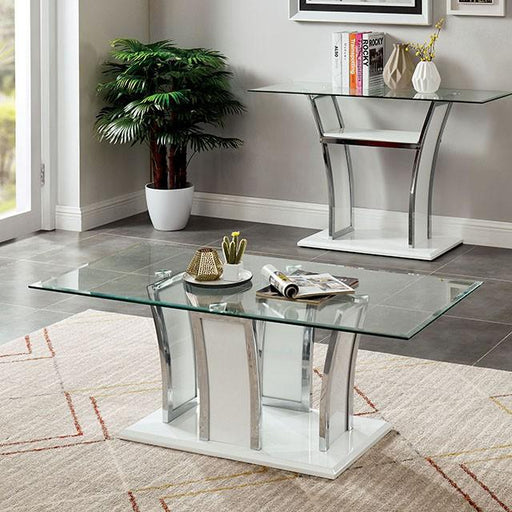 Staten Glossy White/Chrome Coffee Table - U&U Home Budget Furniture (Carteret, NJ)