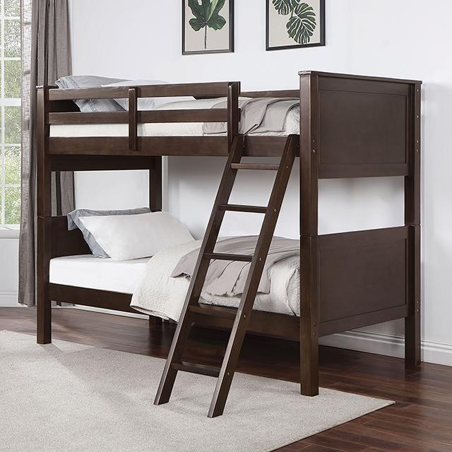 STAMOS Full/Full, Twin/Full, & Twin/twin Bunk Bed, Walnut - U&U Home Budget Furniture (Carteret, NJ)