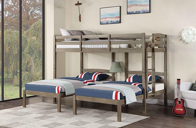 HORTENSE Triple Twin Bunk Bed, W. Gray - U&U Home Budget Furniture (Carteret, NJ)