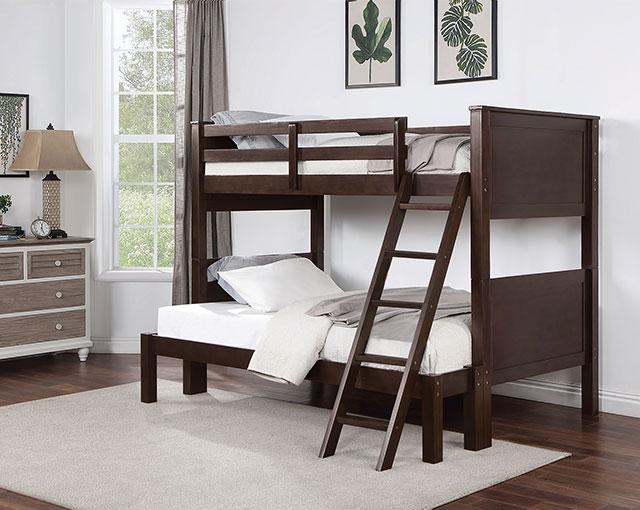 STAMOS Full/Full, Twin/Full, & Twin/twin Bunk Bed, Walnut - U&U Home Budget Furniture (Carteret, NJ)