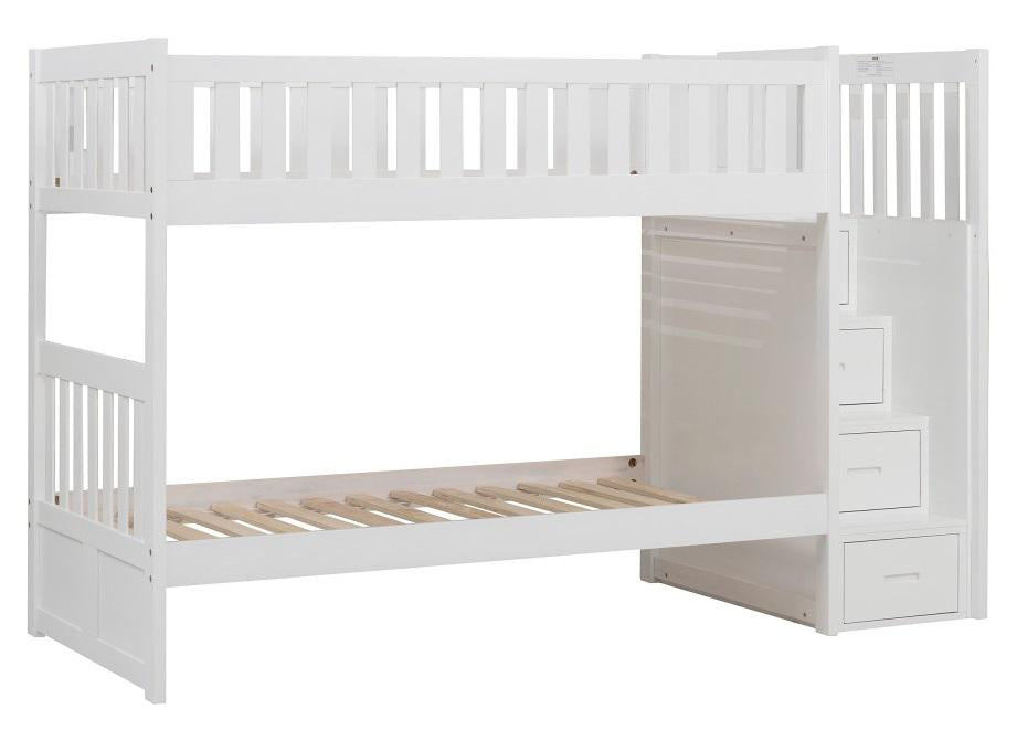 Galen Bunk Bed w/ Reversible Step Storage in White B2053SBW-1* - U&U Home Budget Furniture (Carteret, NJ)