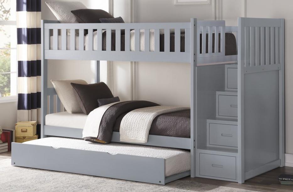 Orion Bunk Bed w/ Reversible Step Storage and Twin Trundle in Gray B2063SB-1*R - U&U Home Budget Furniture (Carteret, NJ)