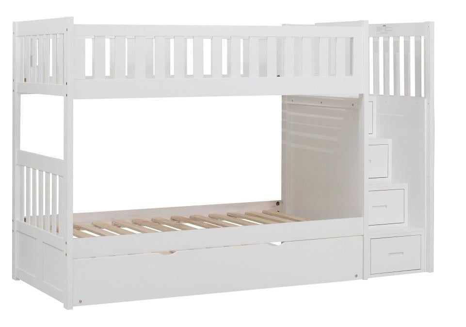 Galen Bunk Bed w/ Reversible Step Storage and Twin Trundle in White B2053SBW-1*R - U&U Home Budget Furniture (Carteret, NJ)