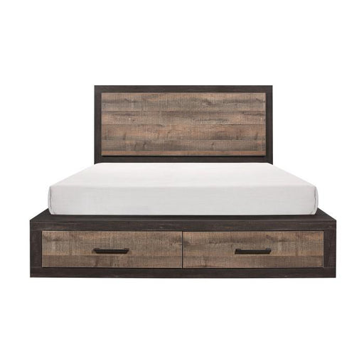 Miter Queen Platform Bed with Footboard Storage in Rustin Mahogany & Dark Ebony 1762-1* - U&U Home Budget Furniture (Carteret, NJ)
