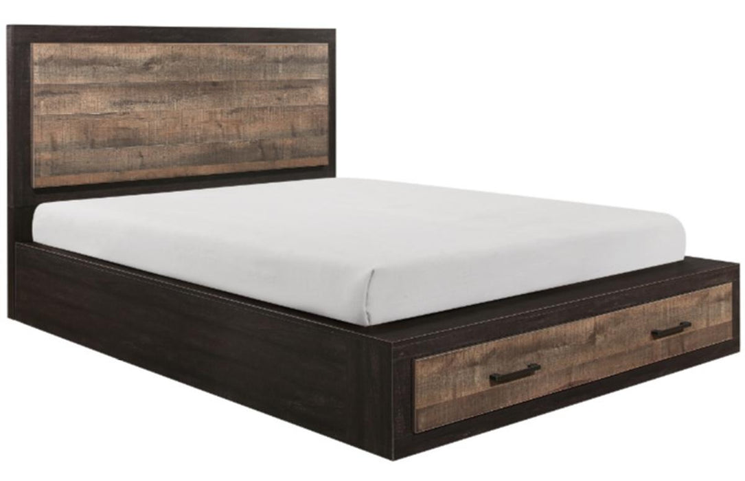 Miter Queen Platform Bed with Footboard Storage in Rustin Mahogany & Dark Ebony 1762-1* - U&U Home Budget Furniture (Carteret, NJ)