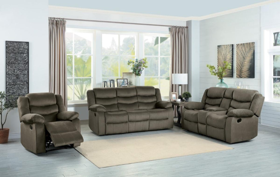 Discus Double Reclining Sofa in Brown 9526BR-3 - U&U Home Budget Furniture (Carteret, NJ)