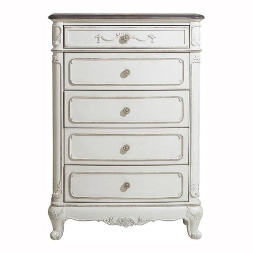 Cinderella 5 Drawer Chest in Antique White with Grey Rub-Through - U&U Home Budget Furniture (Carteret, NJ)