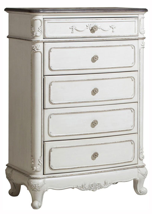Cinderella 5 Drawer Chest in Antique White with Grey Rub-Through - U&U Home Budget Furniture (Carteret, NJ)