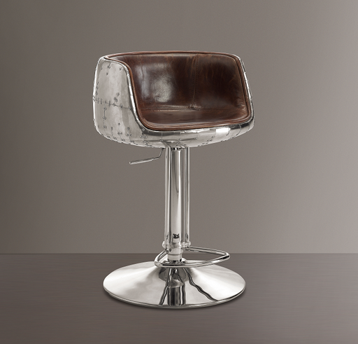 Brancaster Vintage Brown Top Grain Leather & Aluminum Adjustable Stool (1Pc) - U&U Home Budget Furniture (Carteret, NJ)