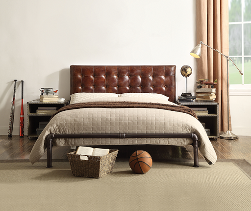Brancaster Vintage Brown Top Grain Leather Queen Bed - U&U Home Budget Furniture (Carteret, NJ)